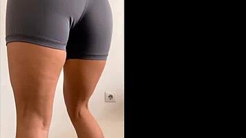 Young amateur fitness girl Mvivien strips leggings during workout