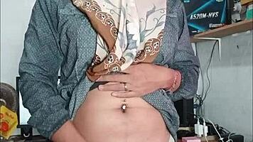 Hijab ladyboy strokes huge cock solo till explosive cum