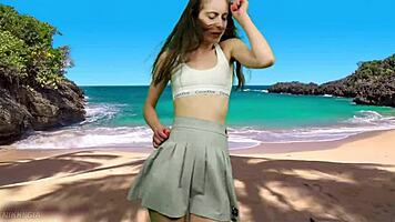 No Panties Teen's Wet Pussy Exposed By Wild Beach Wind Gust!