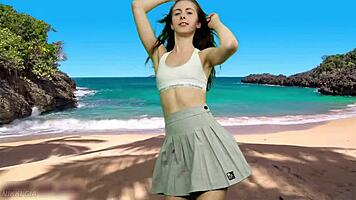 playful beach dancer teases with no panties flashing her curvy tight pussy lips