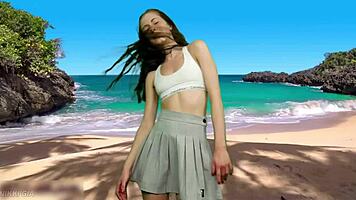 playful beach dancer teases with no panties flashing her curvy tight pussy lips