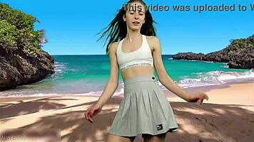 playful beach dancer teases with no panties flashing her curvy tight pussy lips