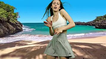 playful beach dancer teases with no panties flashing her curvy tight pussy lips