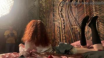 bold nude cosplay reveal petite redhead backstage erotic poses