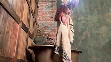 bold nude cosplay reveal petite redhead backstage erotic poses