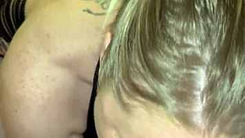 blonde babe sucks huge cock lingerie deepthroat bedroom tattooed beauty