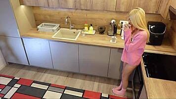 hot skinny blonde gf teases in kitchen flashing panties and long legs
