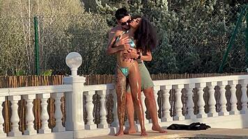 Fuck that black babe in pool, swallow every drop!