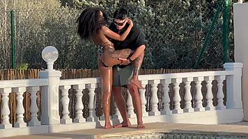 Fuck that black babe in pool, swallow every drop!