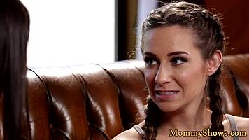 Busty milf and petite teen share steamy lesbian threesome