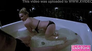 hotwife bound in jacuzzi takes neighbor's cock while hubby watches submissively