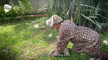 natgio lion leopard mix plays wild sensual lesbian game outdoors flashing shaved pussies