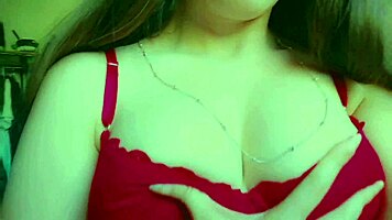 POV hot blonde moans masturbating in red lingerie POV