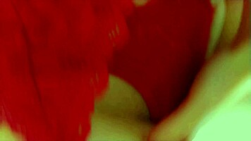POV hot blonde moans masturbating in red lingerie POV