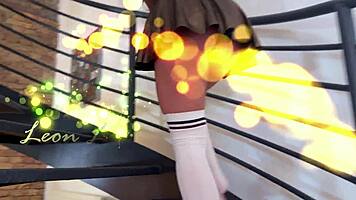 petite brunette bored ignored bathroom miniskirt socks