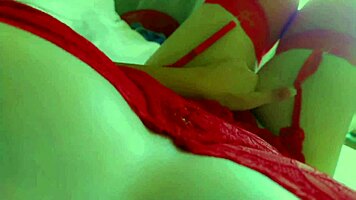 POV hot blonde moans masturbating in red lingerie POV