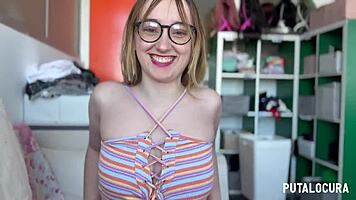 Watch this sexy spanish teen ride torbe's small cock cowgirl and swallow every drop