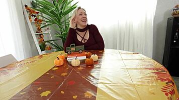 Blonde teen Breezy Bri teases with wet pussy during holiday fun then rides cowgirl hard