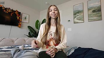 Blonde teen Breezy Bri teases with wet pussy during holiday fun then rides cowgirl hard