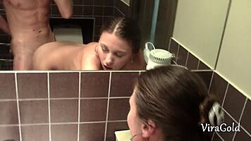 Brunette babe sucks deepthroat before toilet creampie fuck