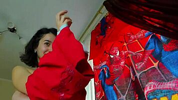 juicy brunette with big natural tits and shaved pussy strips teasing panties off revealing huge lips