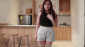 petite latina with tiny pussy and small waist bends over as muscular guy's big black cock drills her deep