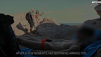 handjob slut flashes beach dick for topless babe