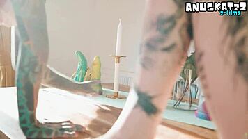 goth tattooed lesbians stretch each other's tight assholes with huge dildos intensely