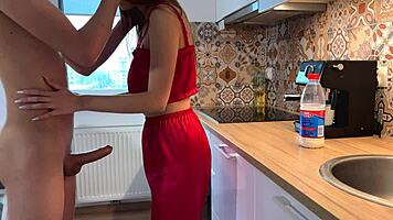 Redhead neighbors sneak passionate fingering and kissing in kitchen fun