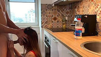 Redhead neighbors sneak passionate fingering and kissing in kitchen fun