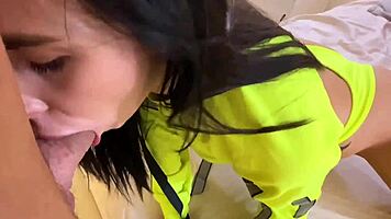 Pov petite brunette loses control deepthroating monster cock cumshot