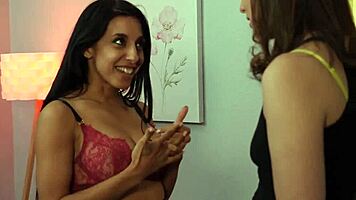 brunette lesbian dives straight into hairy pussy munch