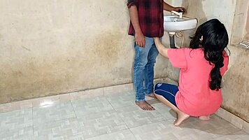 desperate housewife quenches urges with young plumber in bathroom doggy