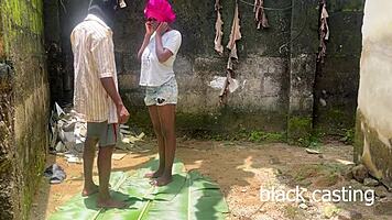 Horny petite ebony babe's intense backyard pounding session