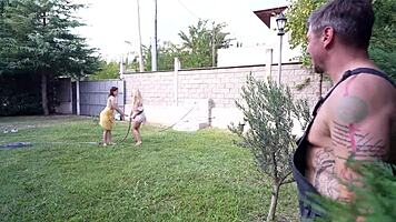 Gardener pounds teen pussy double in side yard fuck zone