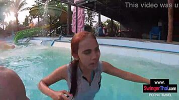 Cute Thai teen girlfriend takes creampie cumshot after poolside homemade fuck
