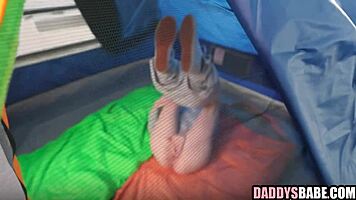 Young brunette caught fingering by older voyeur
