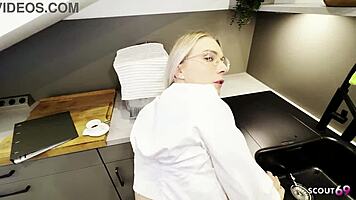 German Blonde Glasses Girl Tempts Quick Kitchen Rendezvous Adventure