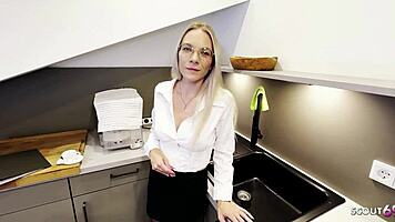 German Blonde Glasses Girl Tempts Quick Kitchen Rendezvous Adventure