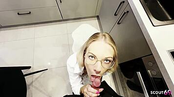 German Blonde Glasses Girl Tempts Quick Kitchen Rendezvous Adventure