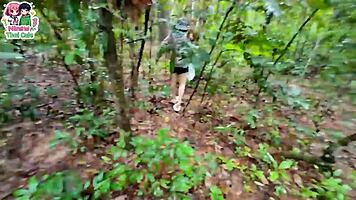 Thai forest hike turns into sneaky pussy flash