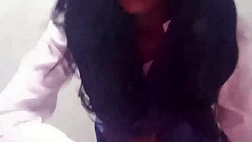 Black schoolgirl sucks rides big cock passionately.