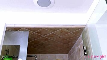 Classy brunette milf bombshell strips down for steamy shower tease