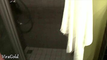 brunette babe gets quick wet pussy creampie fuck in the toilet