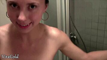 brunette babe gets quick wet pussy creampie fuck in the toilet