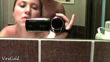 brunette babe gets quick wet pussy creampie fuck in the toilet