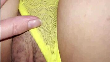 sexy brunette in lingerie gets cum-soaked panties pounding