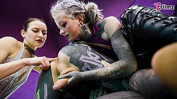 tattooed sub wrecked by dommes' double pegging assault