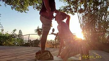 I got caught outdoor, now deepthroating BBC on sunset balcony like a slave