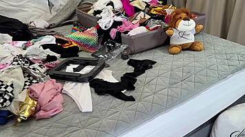 beautiful nerdy college coed in stockings edges big cock handjob